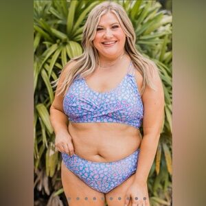 Mack & Mal Sweet Sunshine Criss-Cross Bikini Top Mid Rise Bottoms Pastel Leopard